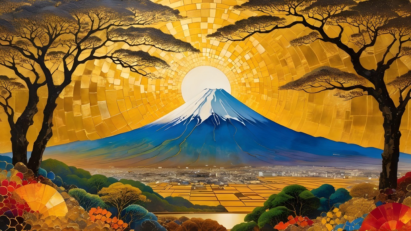 Vibrant Artwork of Mount Fuji with Golden Sun Setting