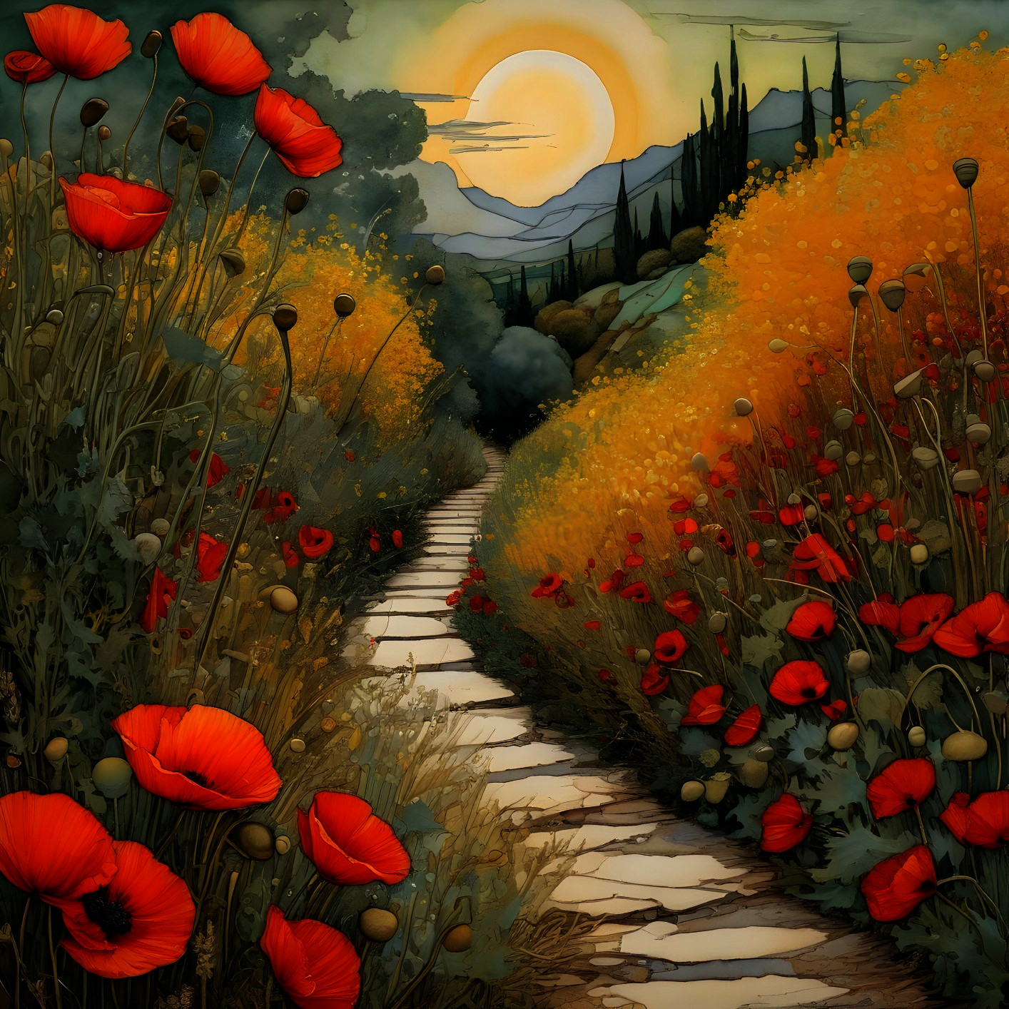 Serene Landscape with Pathway and Vibrant Flowers