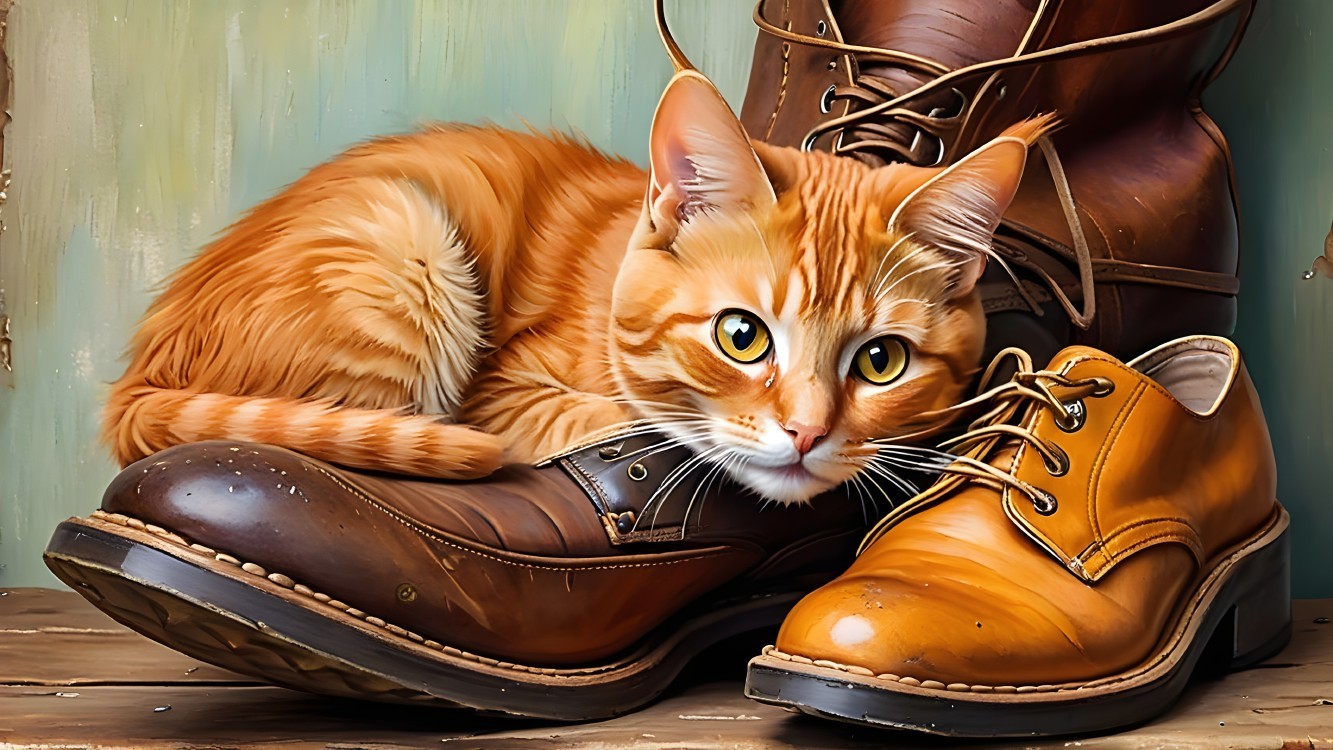 Fluffy Orange Tabby Cat Among Leather Boots and Shoe