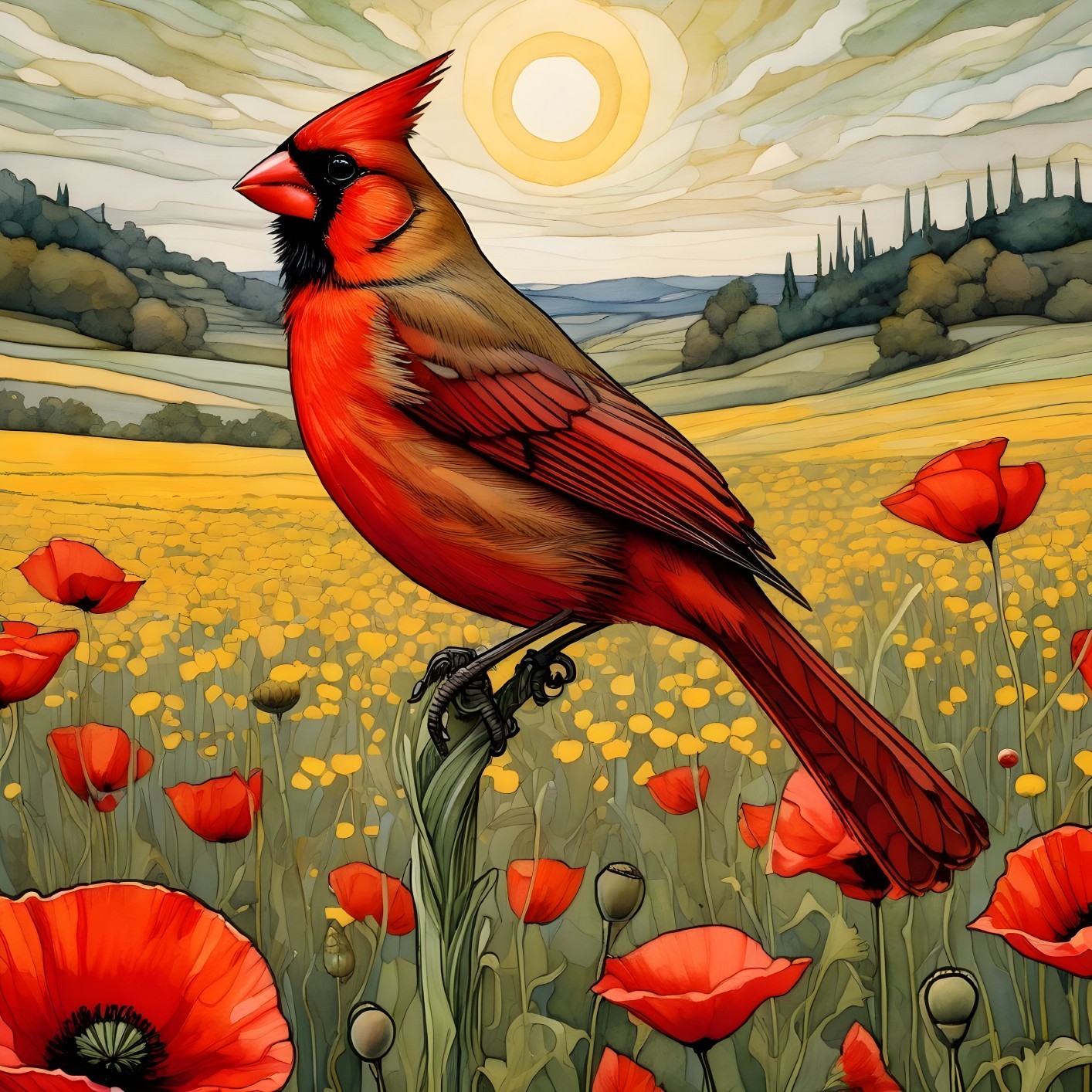 Red Cardinal Among Blooming Poppies and Yellow Flowers