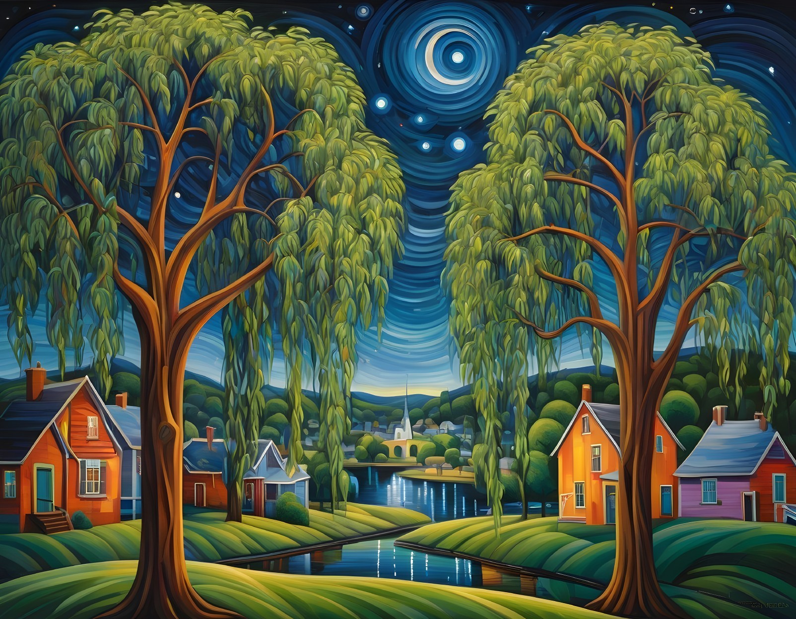 Vibrant Landscape with Trees, River, and Colorful Houses