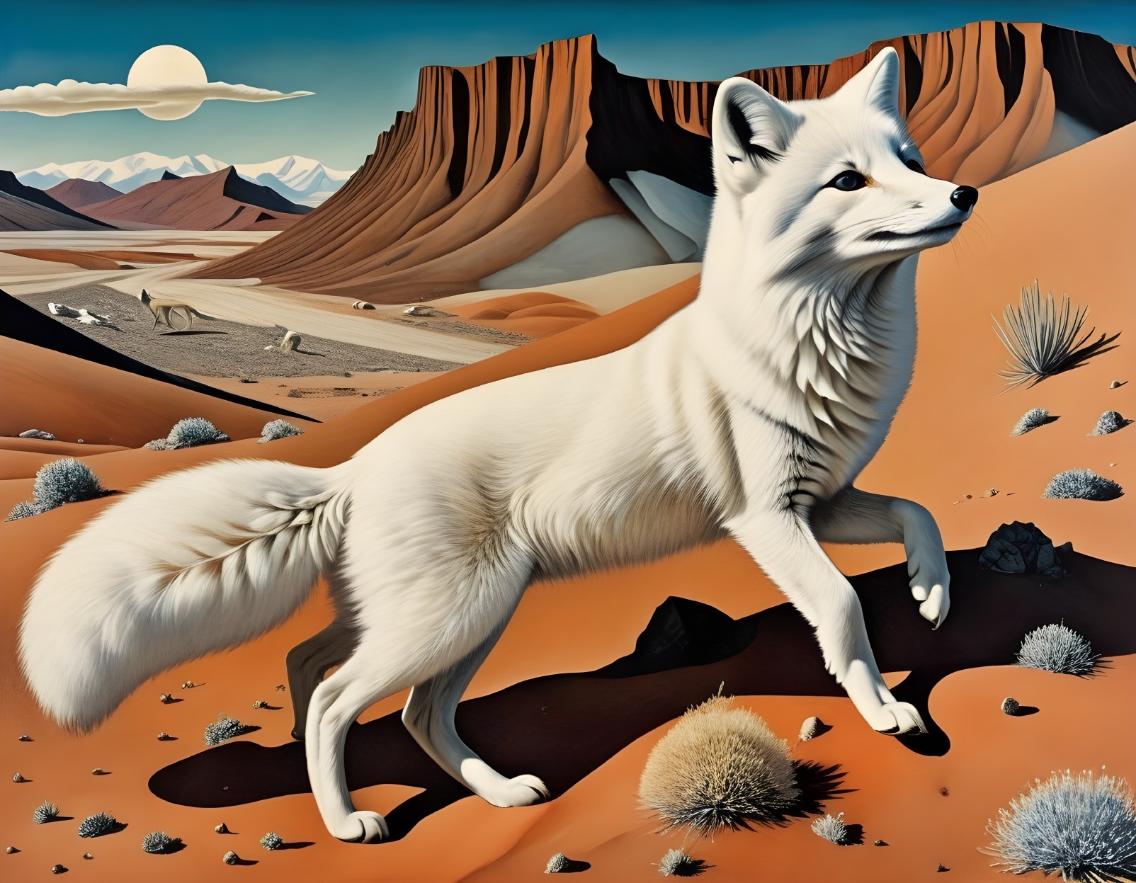 White Fox in Vibrant Desert Landscape with Mountains