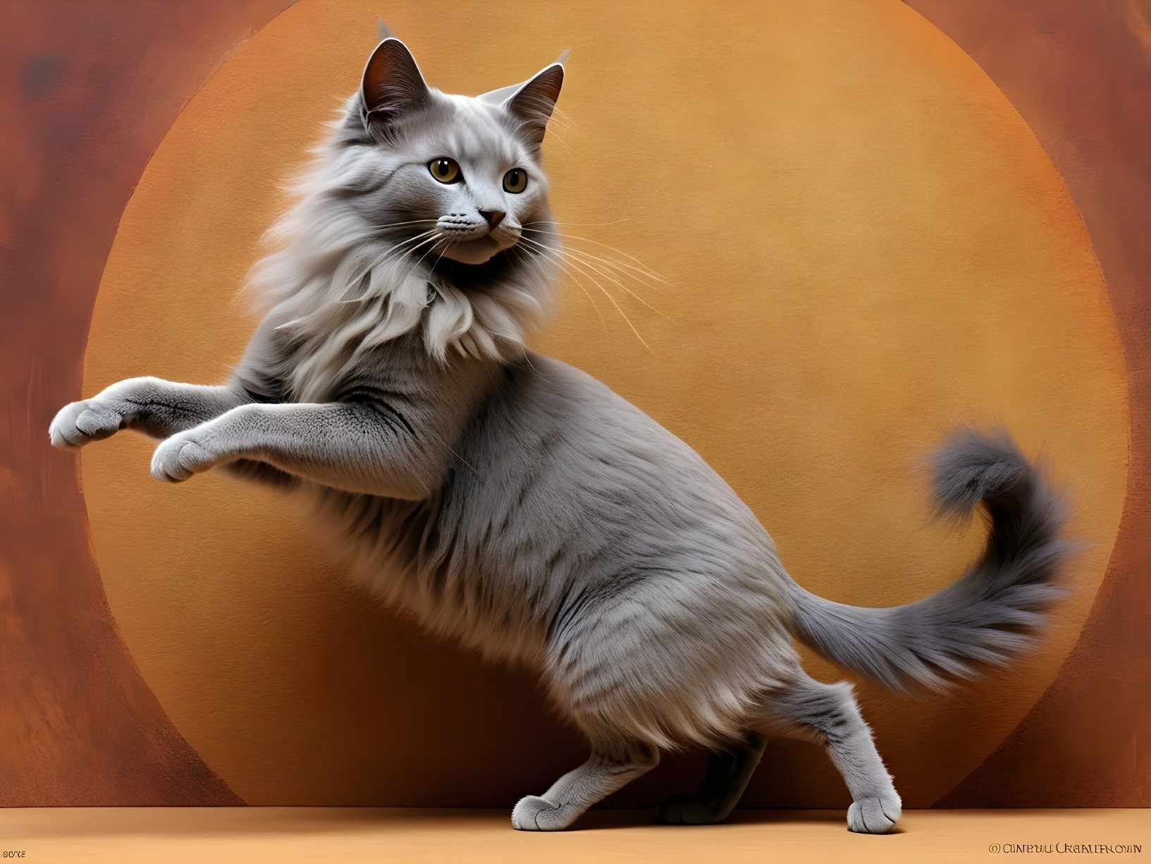 Fluffy Gray Cat Against Warm Orange Background