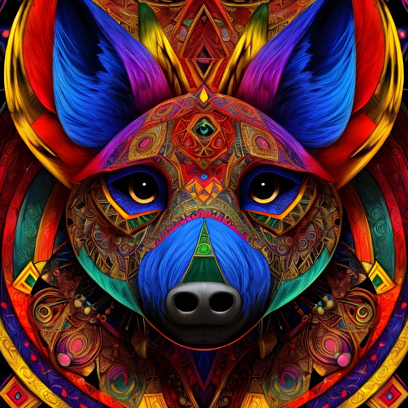 Symmetrical Digital Artwork of Ornate Fox Face