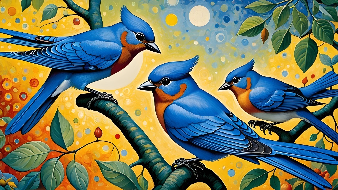 Vibrant Artwork of Blue Birds on Branches with Swirls