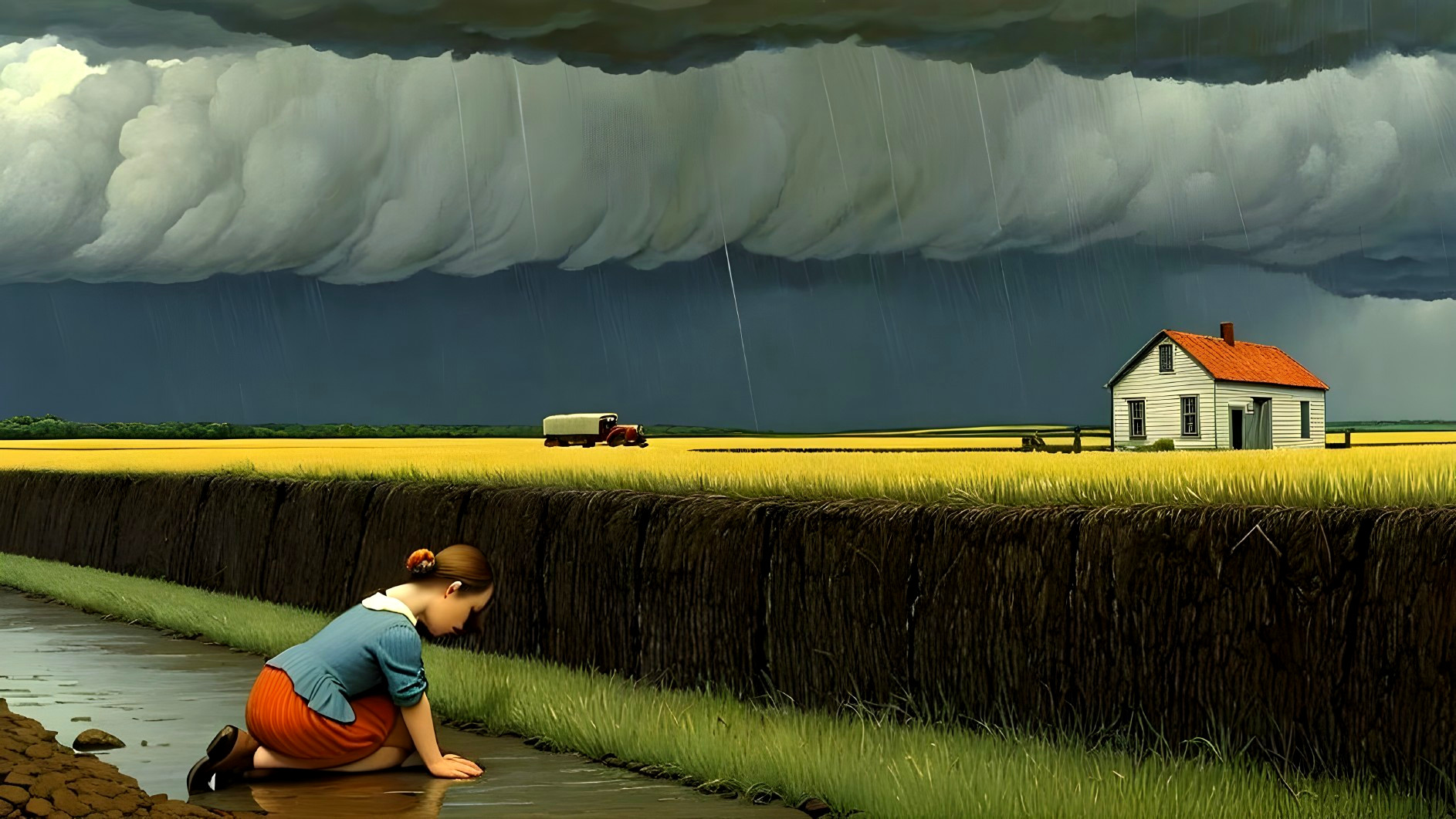 Young girl by dirt path under stormy clouds