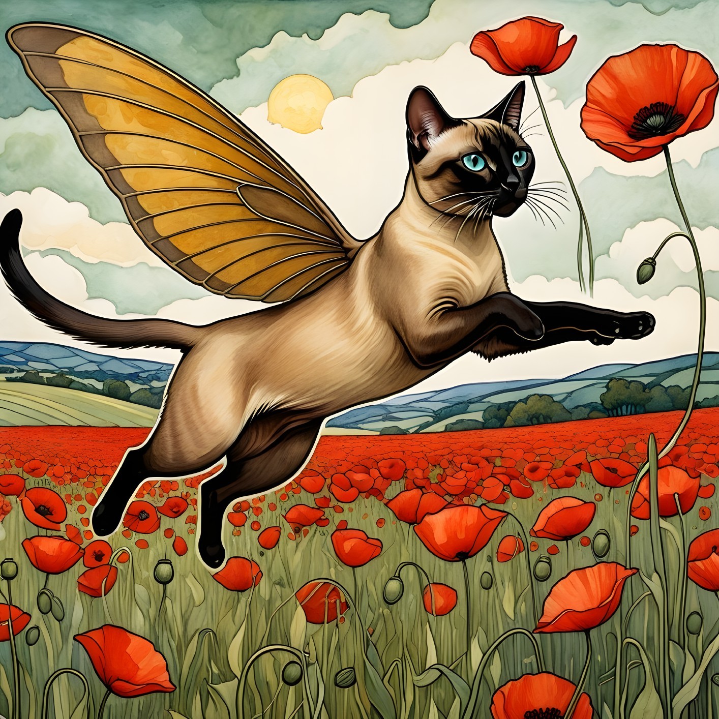 Siamese Cat with Butterfly Wings Over Poppy Field