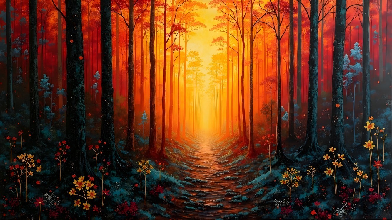 Vibrant Forest Scene at Sunset with Colorful Flowers