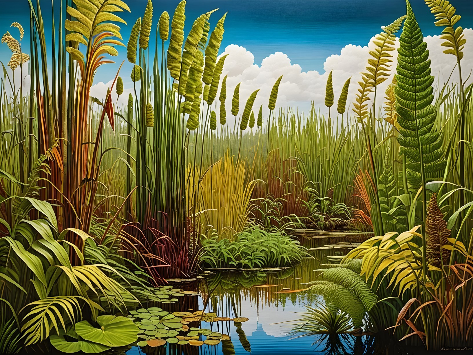 Vibrant Wetlands Scene with Lush Greenery and Water