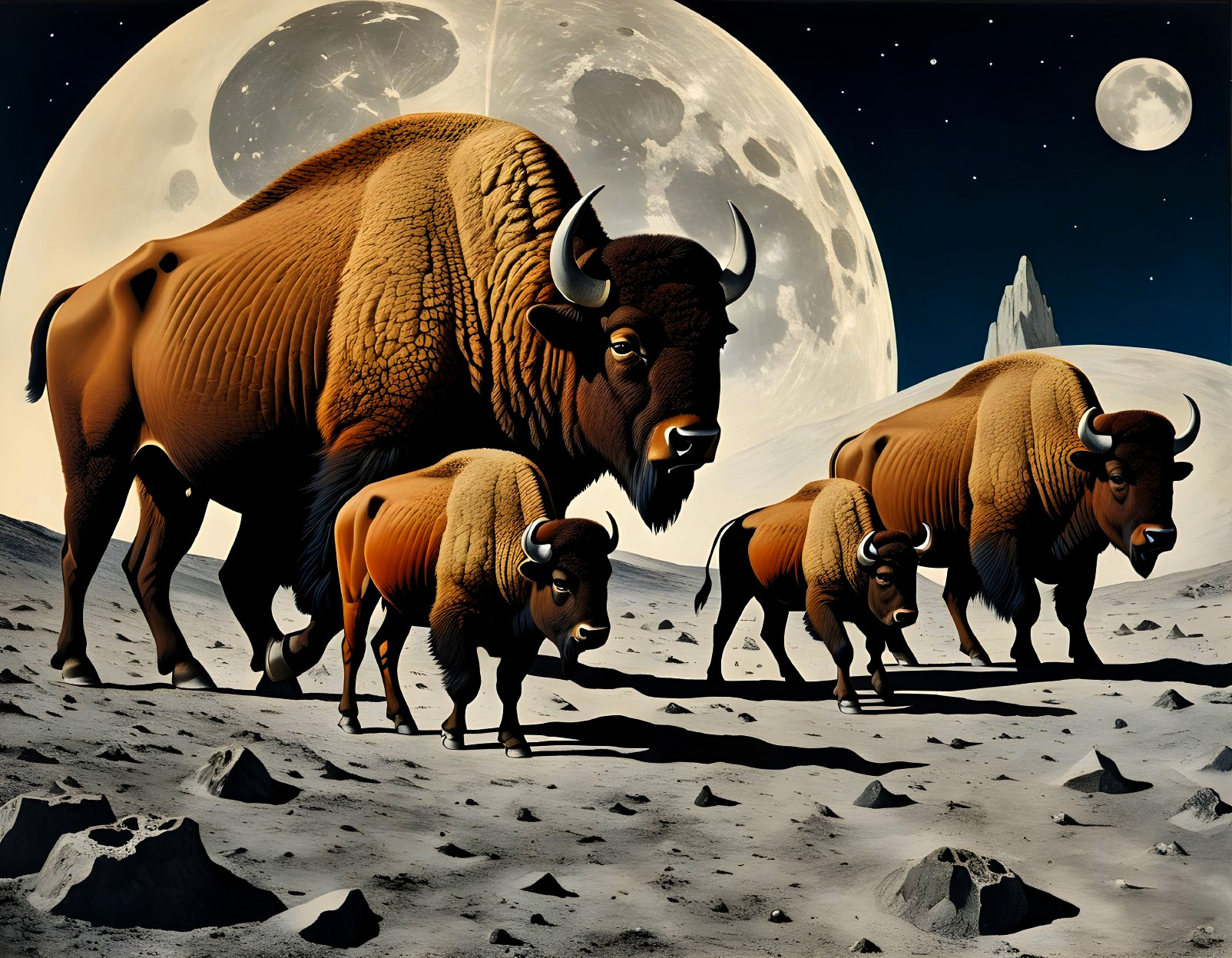 Bison in a Surreal Lunar Landscape with Moons and Stars