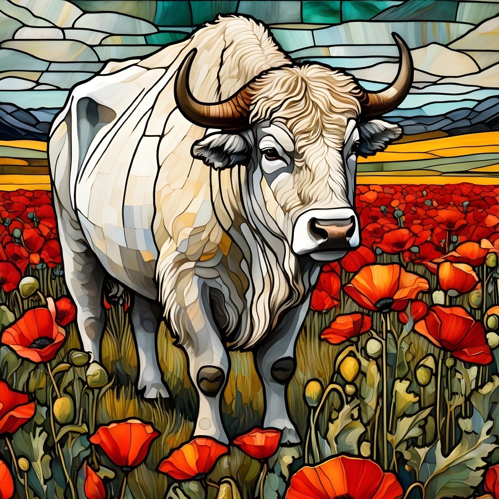 Geometric White Bull in Vibrant Poppy Field