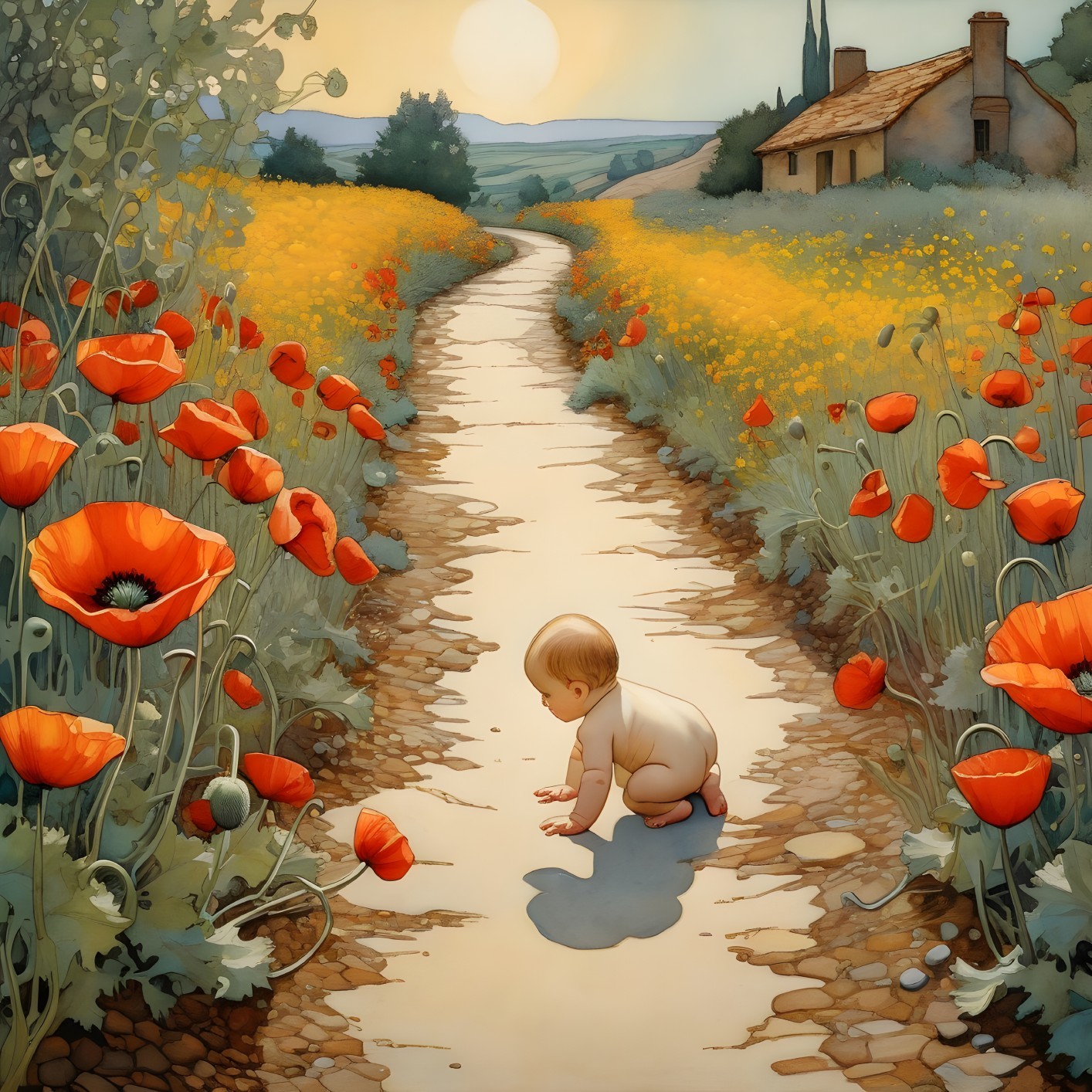 Sunset Landscape with Poppies and Crawling Baby