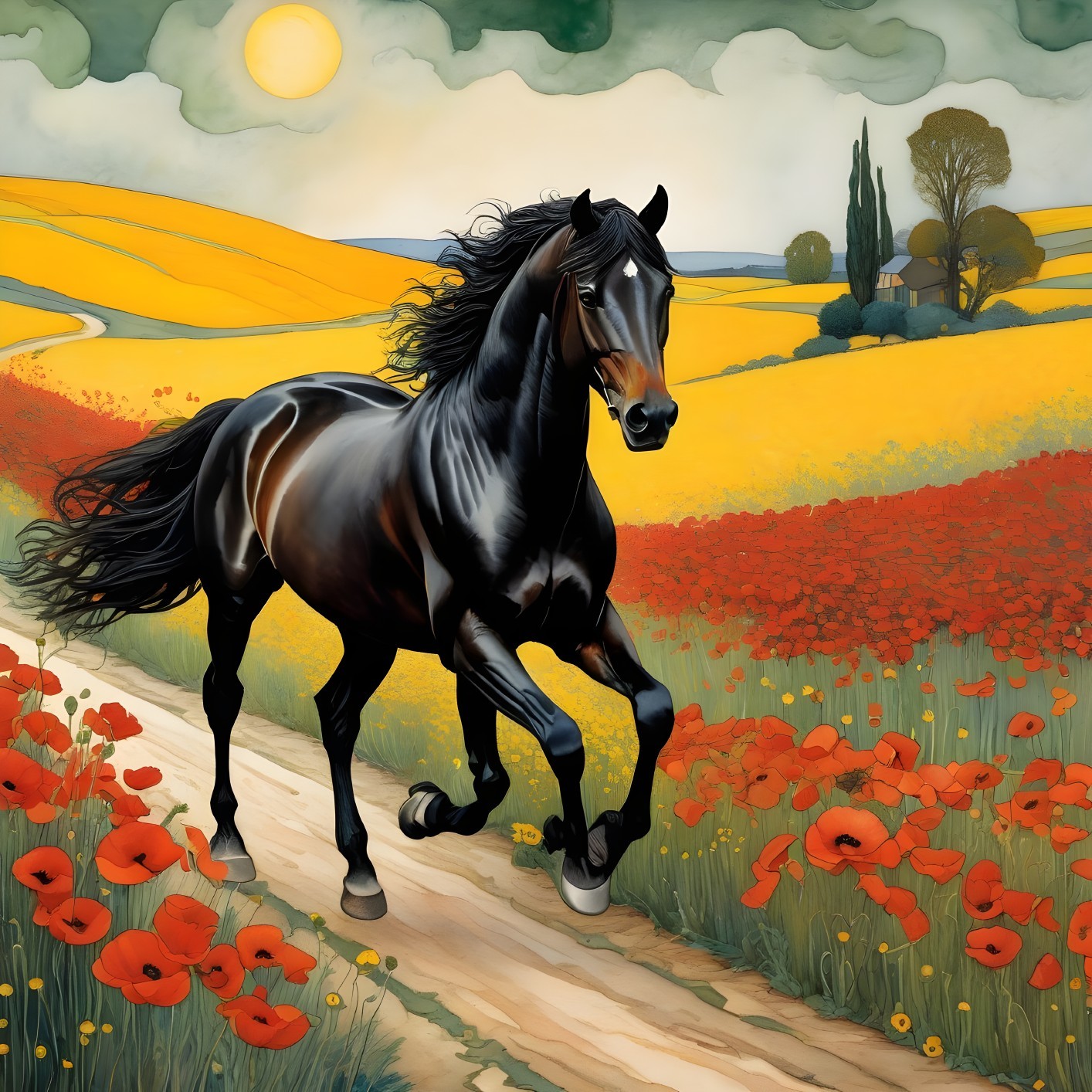 Black Horse Galloping Through Flower Fields and Cottage
