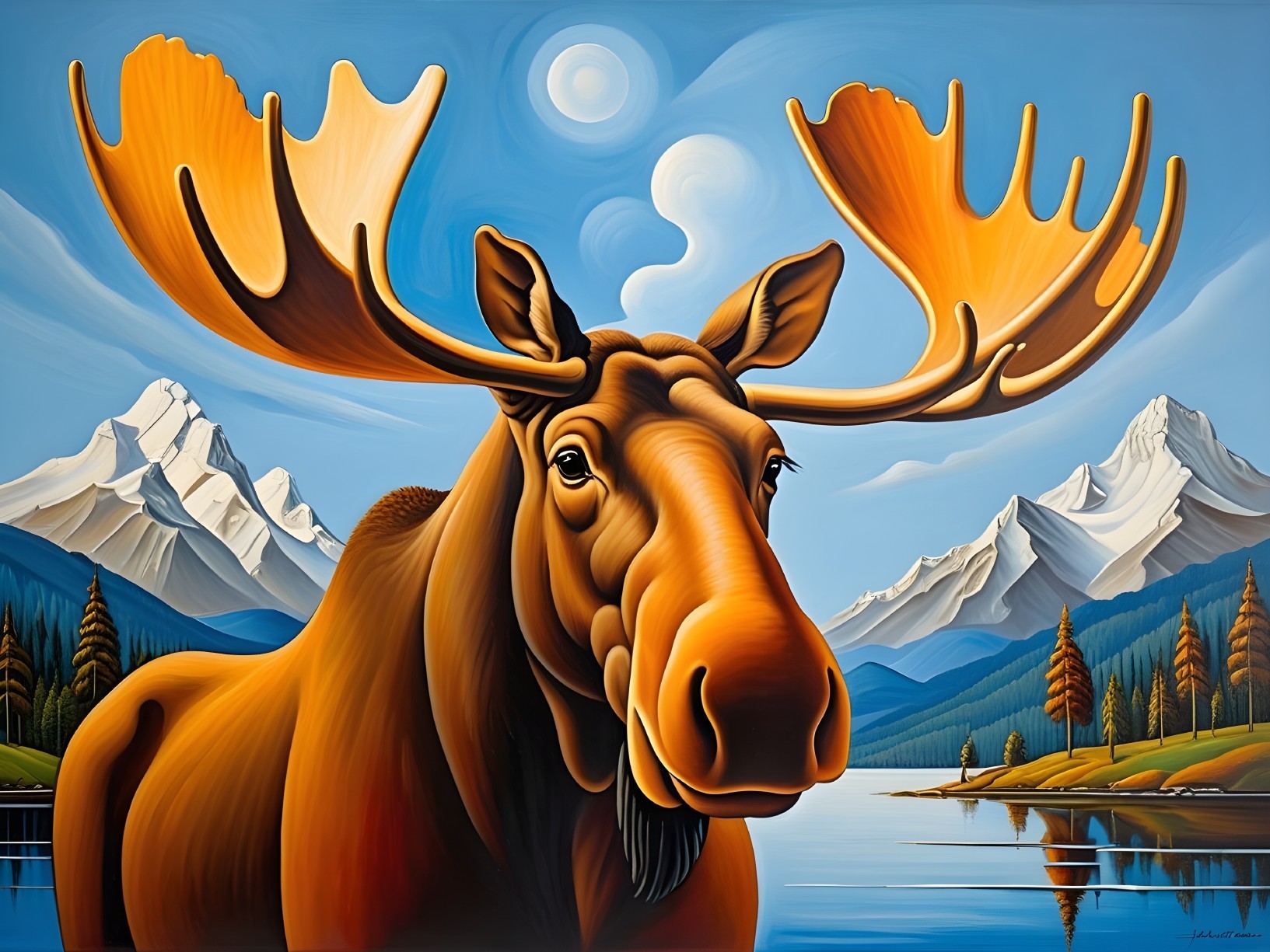 Vibrant Moose in Scenic Mountain and Lake Landscape