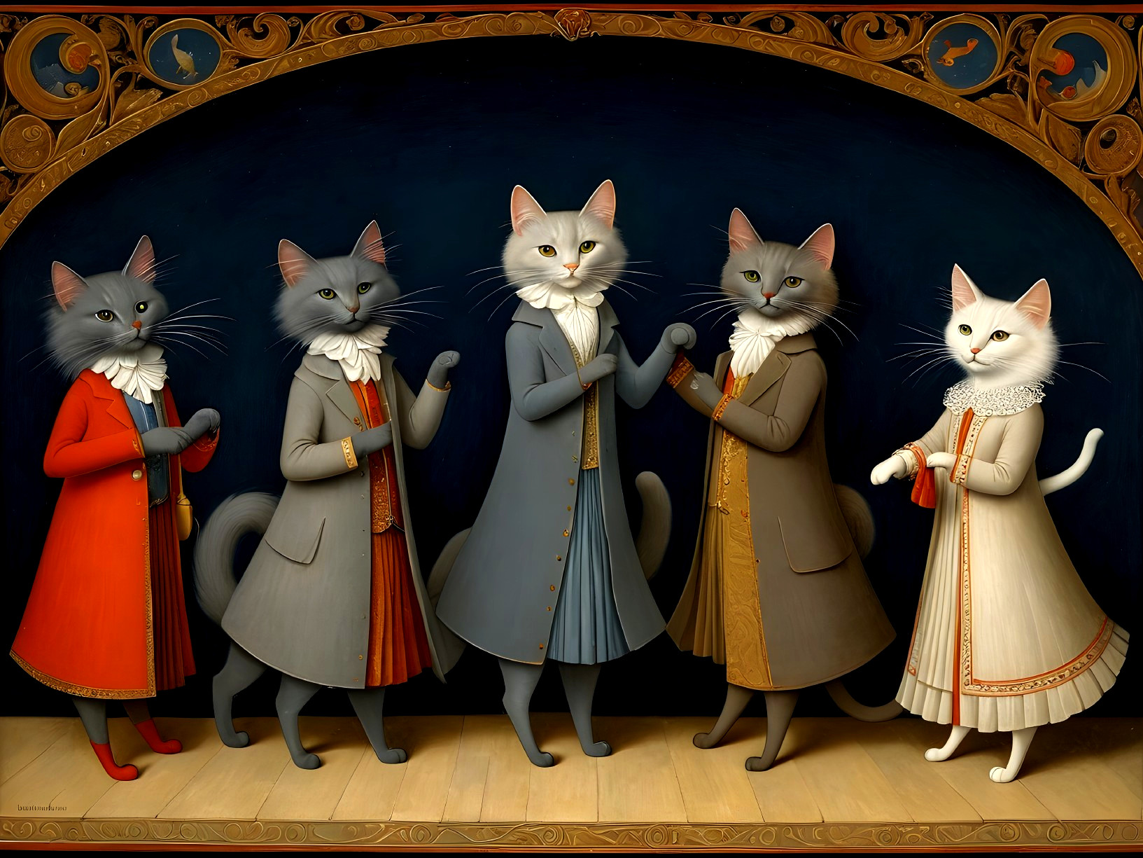 Whimsical Scene of Anthropomorphic Cats in Historical Attire