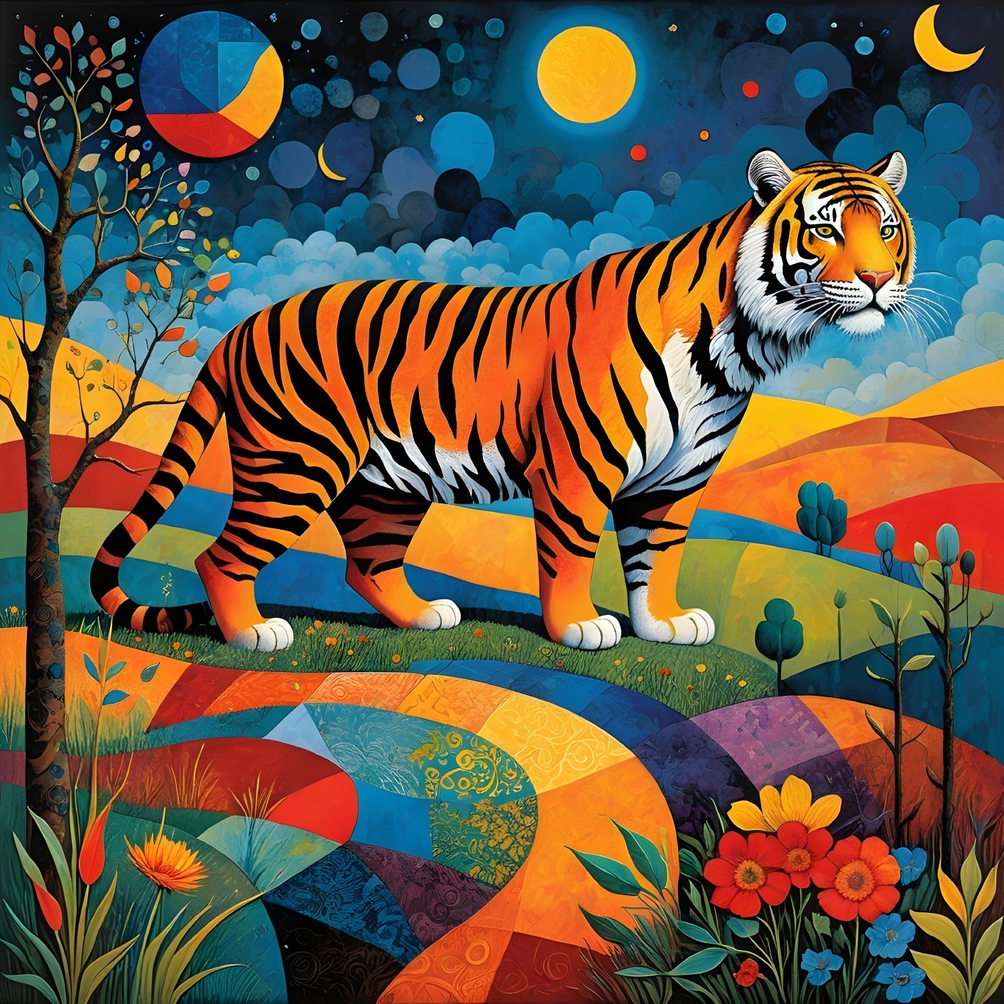 Stylized Tiger in Colorful Landscape with Night Sky