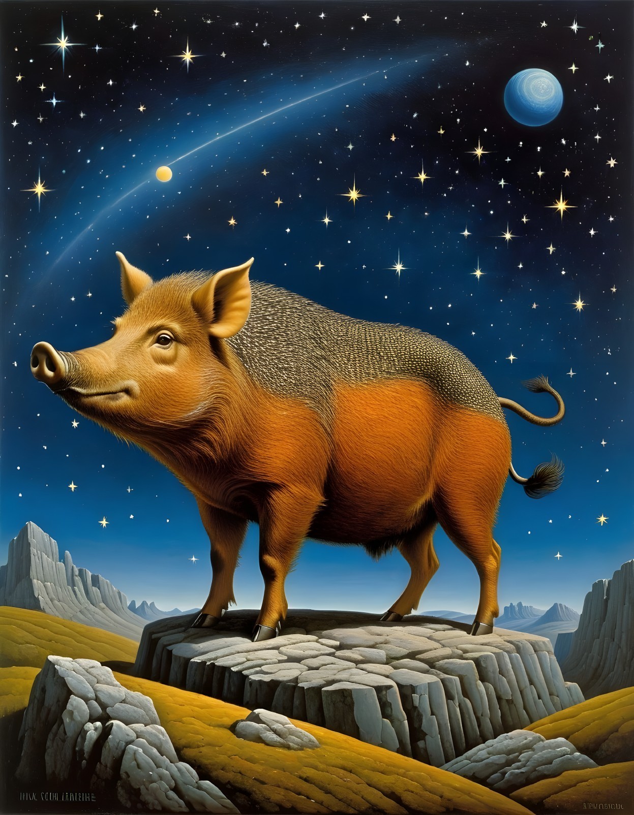 Stylized Pig on Rocky Outcrop Under Starry Sky