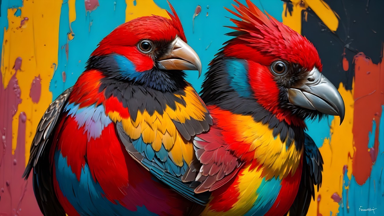 Colorful Birds Against Abstract Paint Background