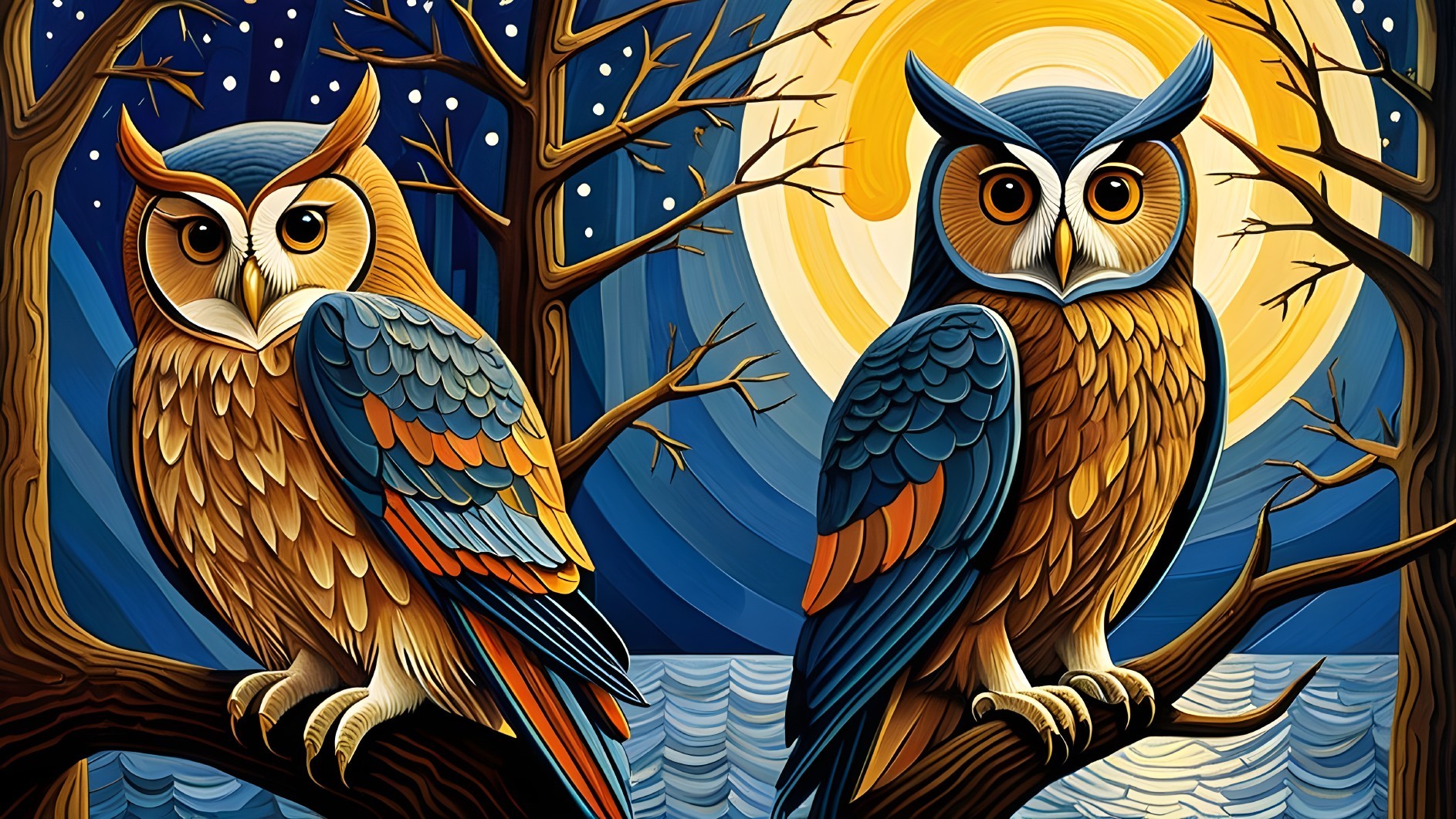 Stylized Owls on Branches Under a Glowing Moon