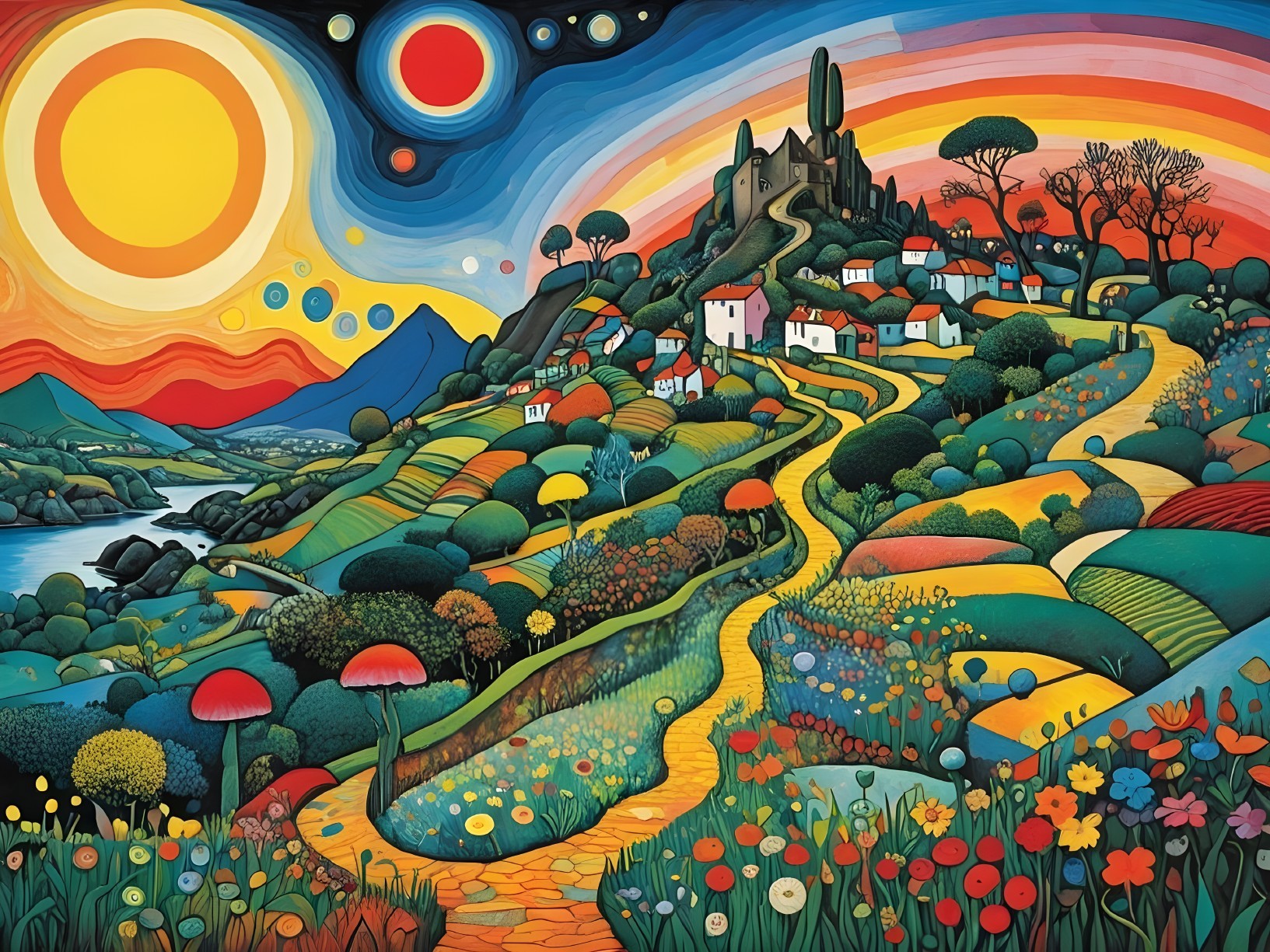 Vibrant Landscape with Castle and Whimsical Elements