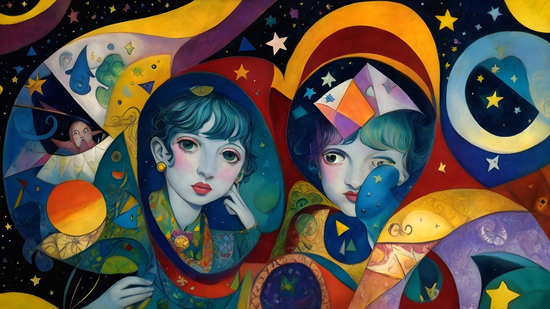 Ethereal Figures in a Vibrant Cosmic Backdrop