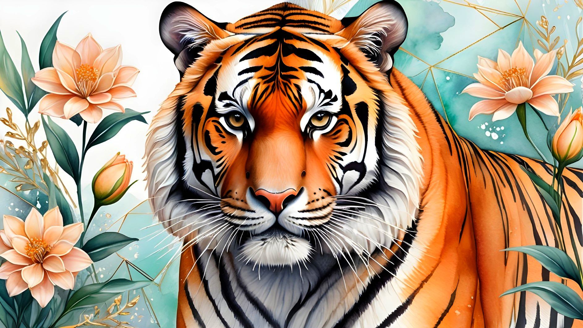 Majestic tiger with vibrant stripes and pastel florals