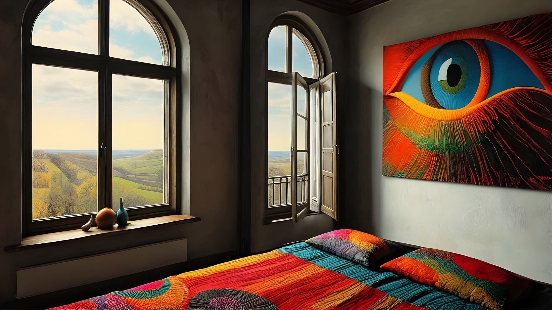 Cozy Bedroom with Colorful Bedspread and Scenic View
