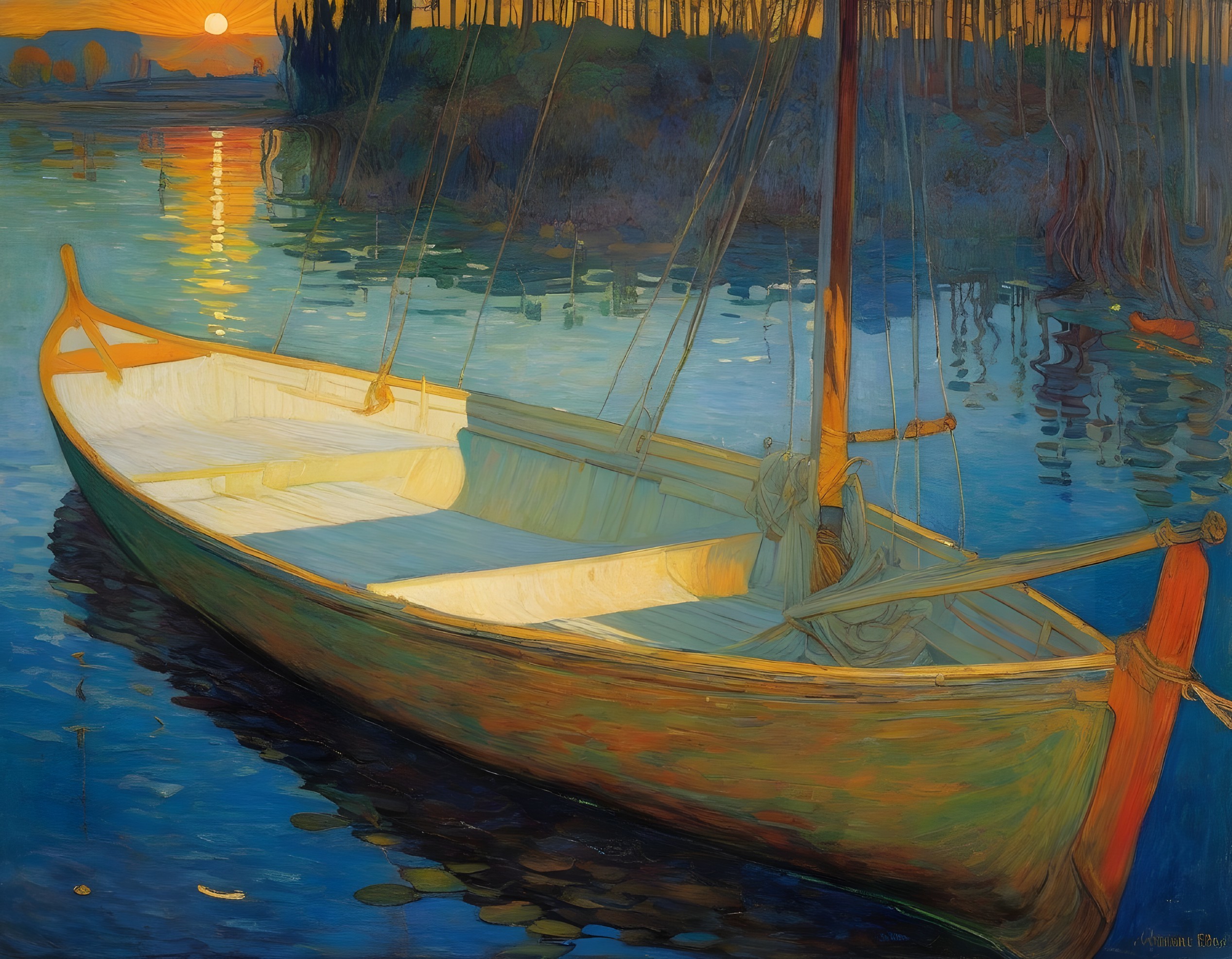Serene Sunset Over Calm Waters with Wooden Boat