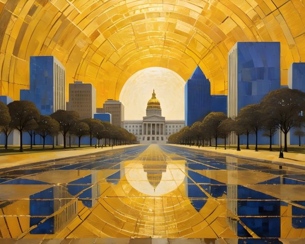 Grand Cityscape with Skyscrapers and Golden Sky