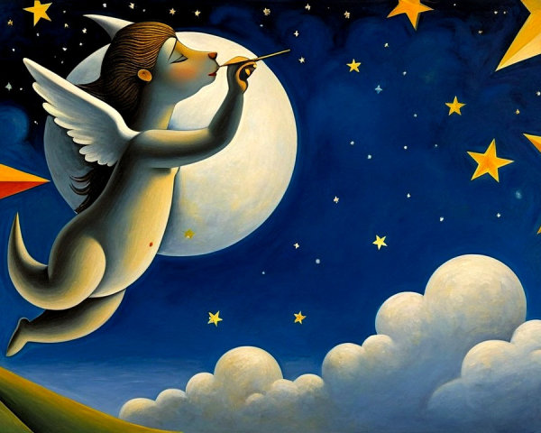 Whimsical Cherub Soaring in a Starry Night Sky