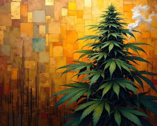 Lush Cannabis Plant Against Vibrant Abstract Background