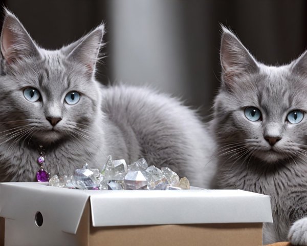 Gray Kittens with Blue Eyes Beside Sparkling Crystals