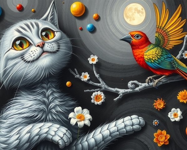 Whimsical Scene of Cat and Parrot Under Moonlight