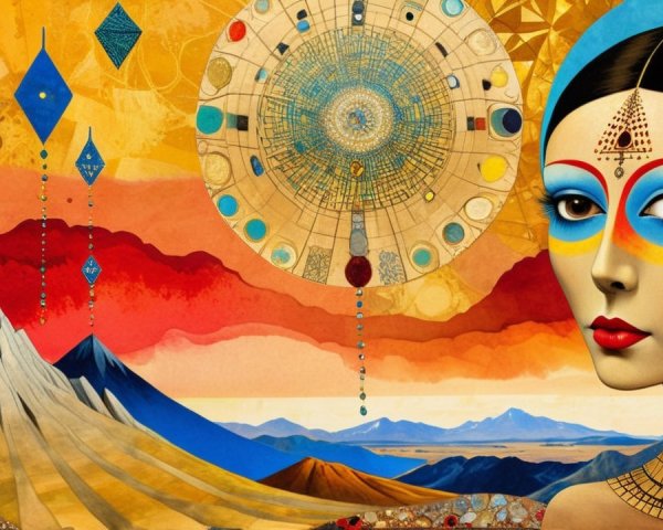 Woman with Blue and Orange Makeup in Vibrant Landscape
