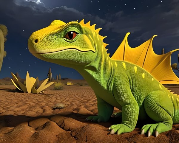Vibrant Green Lizard in Desert Landscape at Night