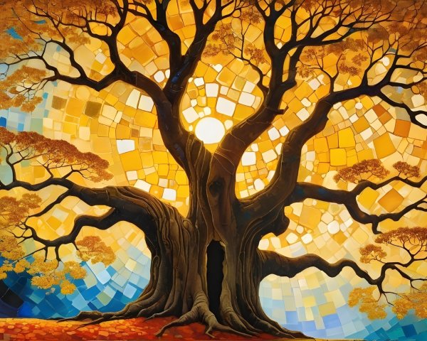 Vibrant Artwork of Autumn Tree Against Abstract Background