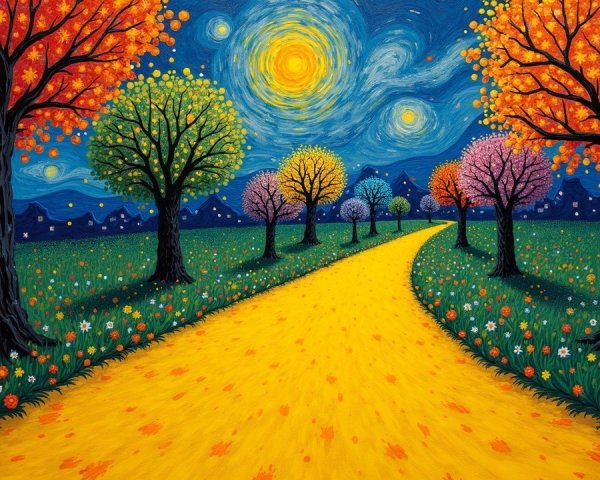 Vibrant Landscape with Winding Yellow Path at Night
