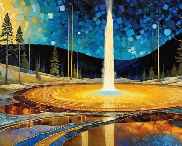 Vibrant Landscape with Waterfall and Geometric Sky