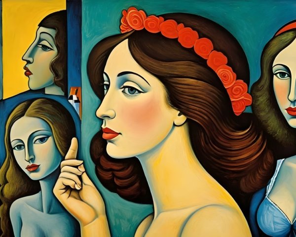 Colorful Artwork with Five Stylized Female Figures