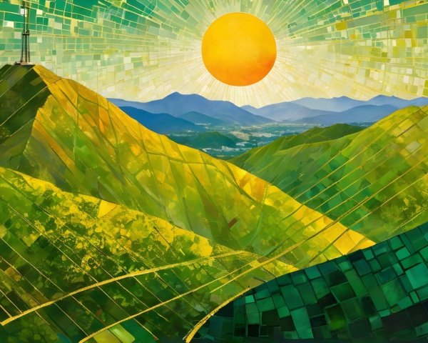 Vibrant Green Hills Under a Radiant Sun with Patterns