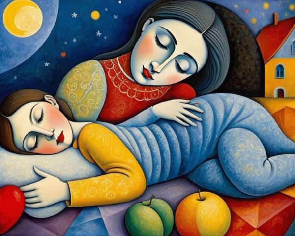 Serene Artwork of Woman with Sleeping Child in Moonlight
