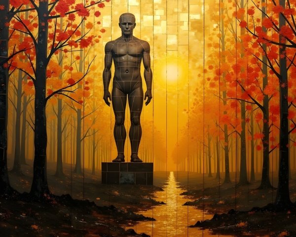 Translucent Figure in Autumn Landscape with River