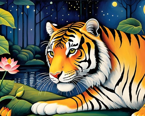 Illustration of a tiger by a pond under a full moon