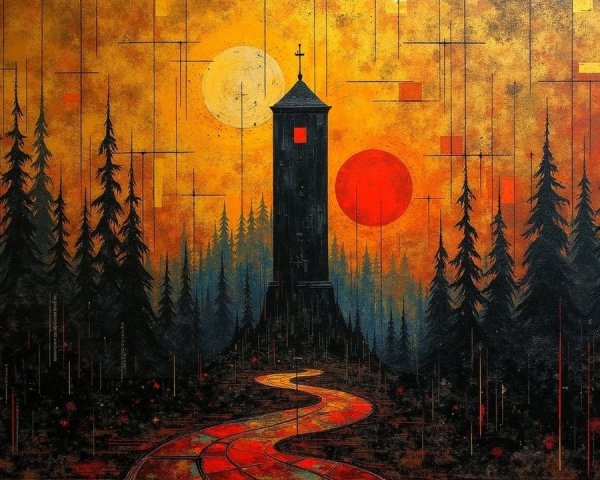 Tall Tower in Forest Under Orange Sky with Two Suns