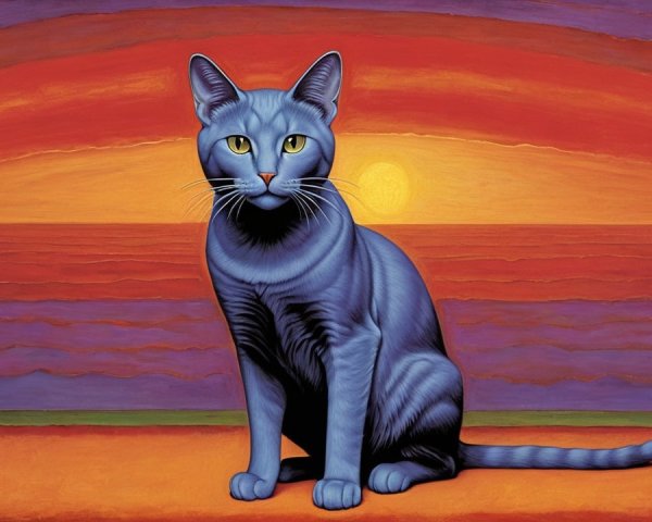 Large Blue Cat Against Vibrant Sunset Background