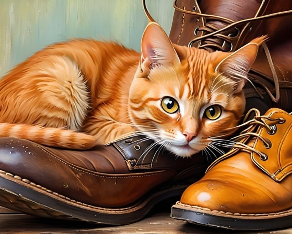 Fluffy Orange Tabby Cat Among Leather Boots and Shoe