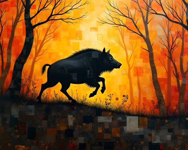 Silhouette of a Running Wild Boar in Vibrant Colors