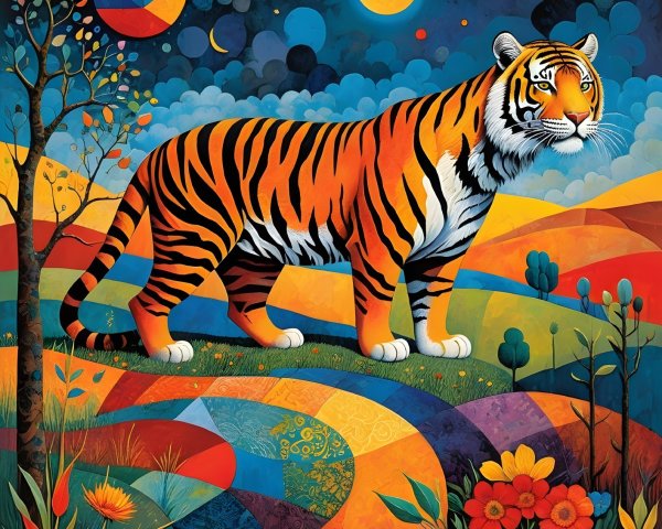 Stylized Tiger in Colorful Landscape with Night Sky