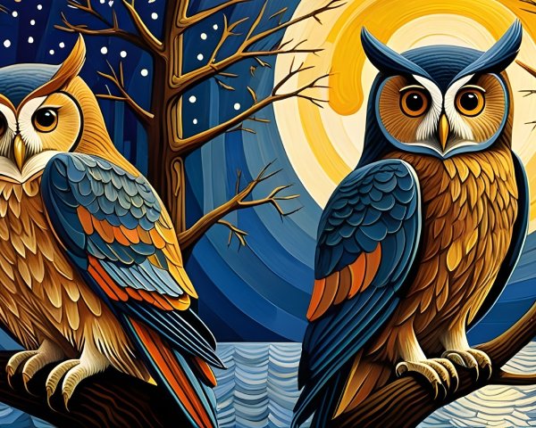 Stylized Owls on Branches Under a Glowing Moon