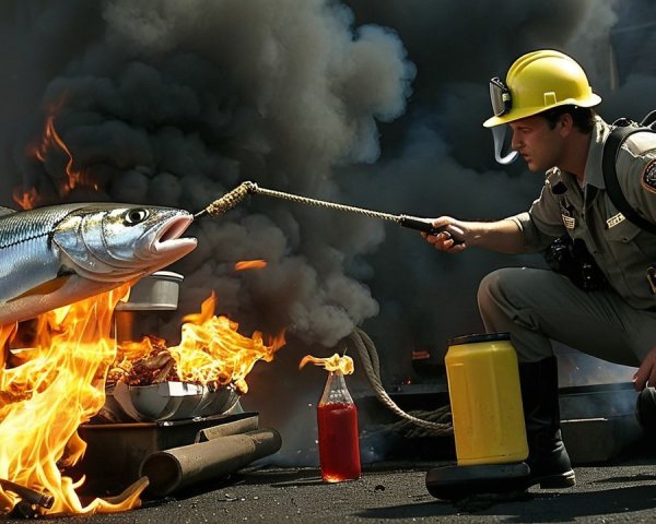 Firefighter Rescues Fish Amid Flames and Smoke